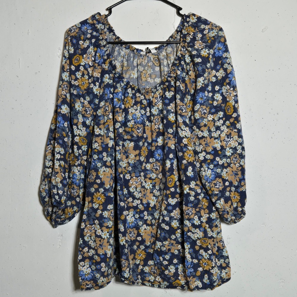 Sonoma Blue Floral Peasant Balloon Sleeve Top Plus 3X Boho Cottage Flowy Casual